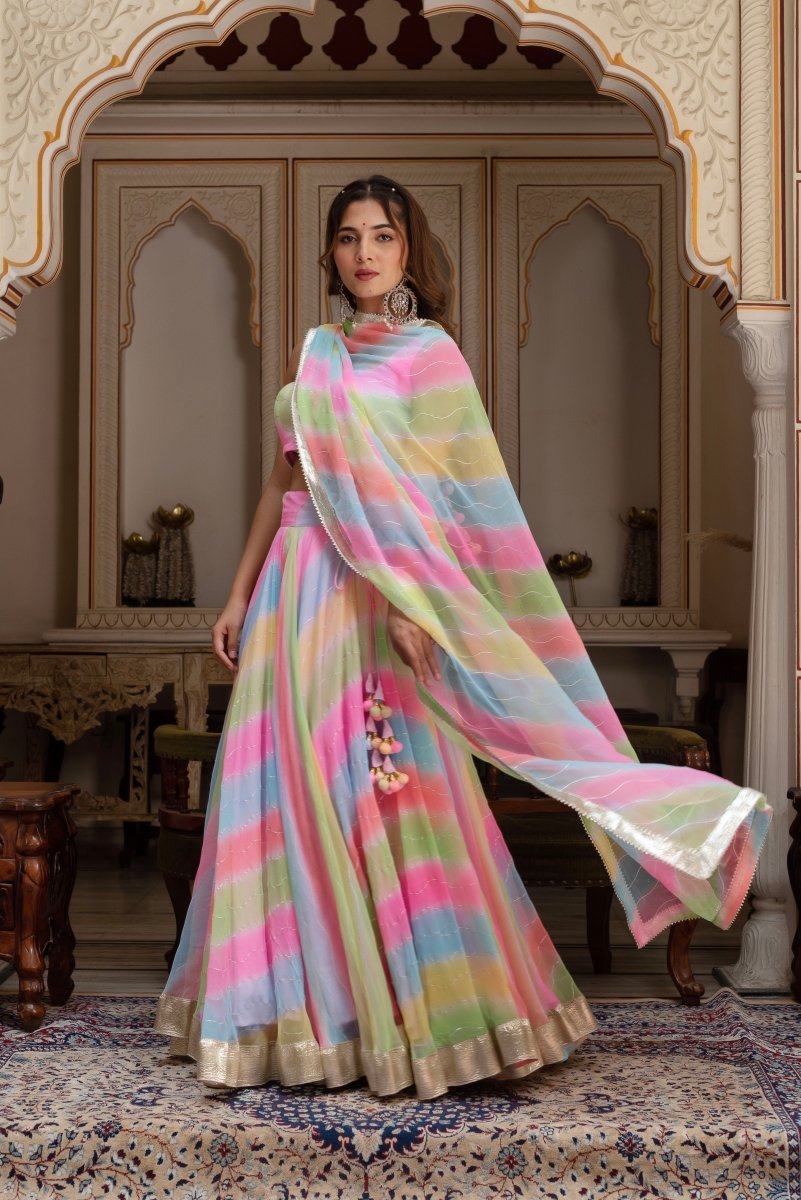 GULABI GALIYAN MULTICOLOR LEHERIYA GEORGETTE GOTA PATTI LEHENGA SET - Pomcha Jaipur