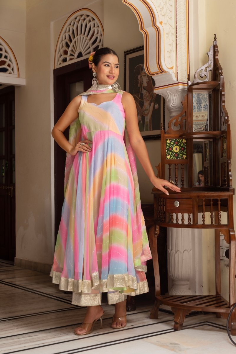 GULABI GALIYAN MULTICOLOR LEHERIYA GOTA PATTI GEORGETTE ANARKALI SET WITH GEORGETTE DUPATTA - Pomcha Jaipur