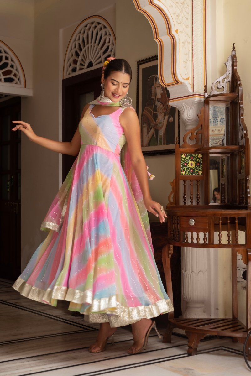 GULABI GALIYAN MULTICOLOR LEHERIYA GOTA PATTI GEORGETTE ANARKALI SET WITH GEORGETTE DUPATTA - Pomcha Jaipur