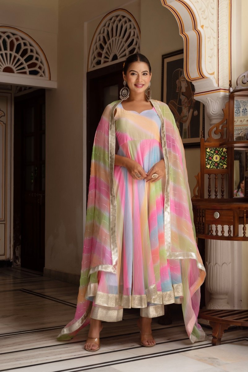 GULABI GALIYAN MULTICOLOR LEHERIYA GOTA PATTI GEORGETTE ANARKALI SET WITH GEORGETTE DUPATTA - Pomcha Jaipur