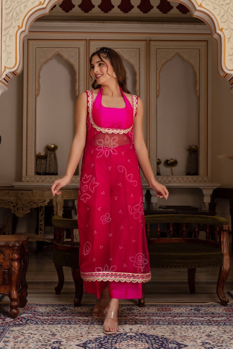 GULABI GALIYAN PINK BANDHEJ GEORGETTE KURTA WITH PINK TAFFETA PANT AND BLOUSE - Pomcha Jaipur