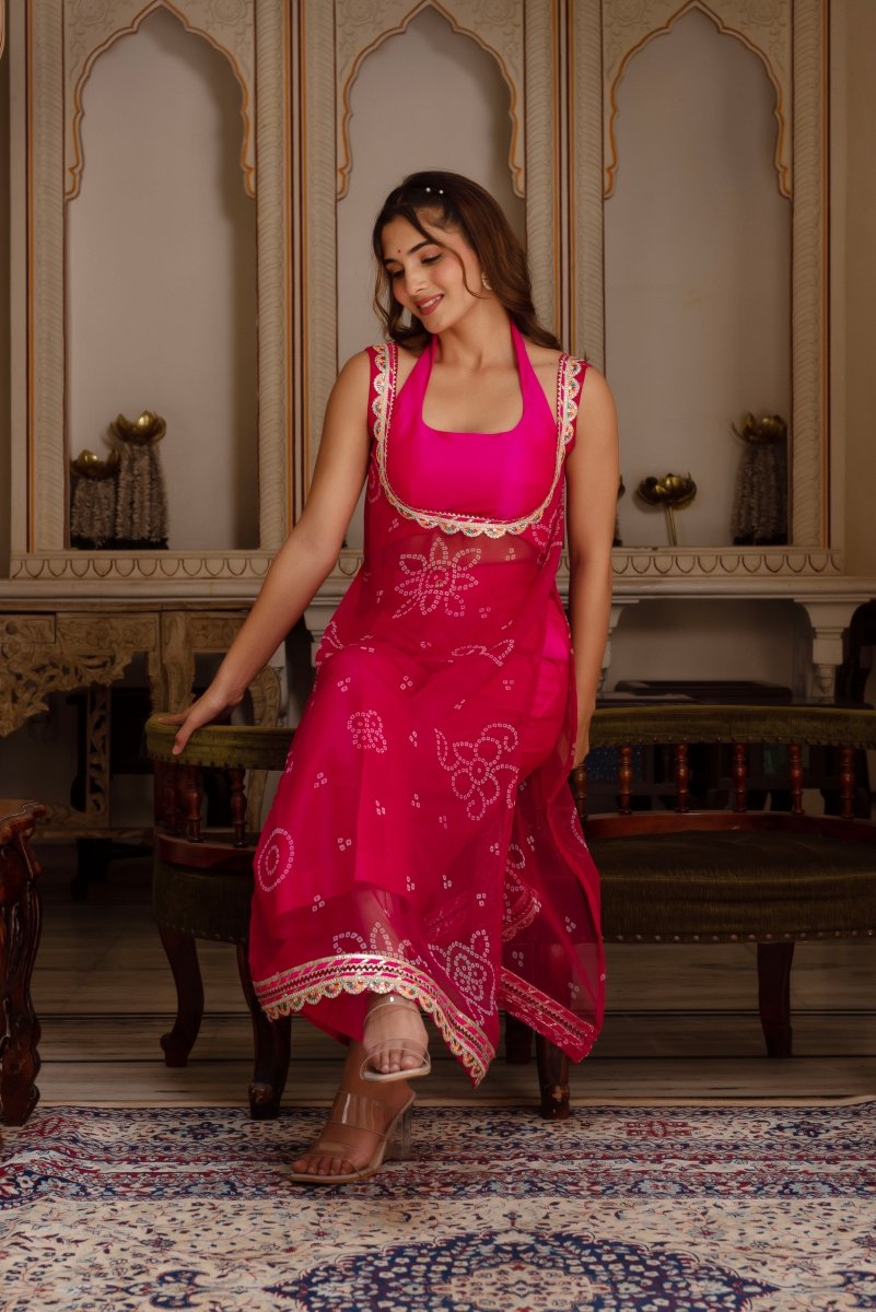 GULABI GALIYAN PINK BANDHEJ GEORGETTE KURTA WITH PINK TAFFETA PANT AND BLOUSE - Pomcha Jaipur