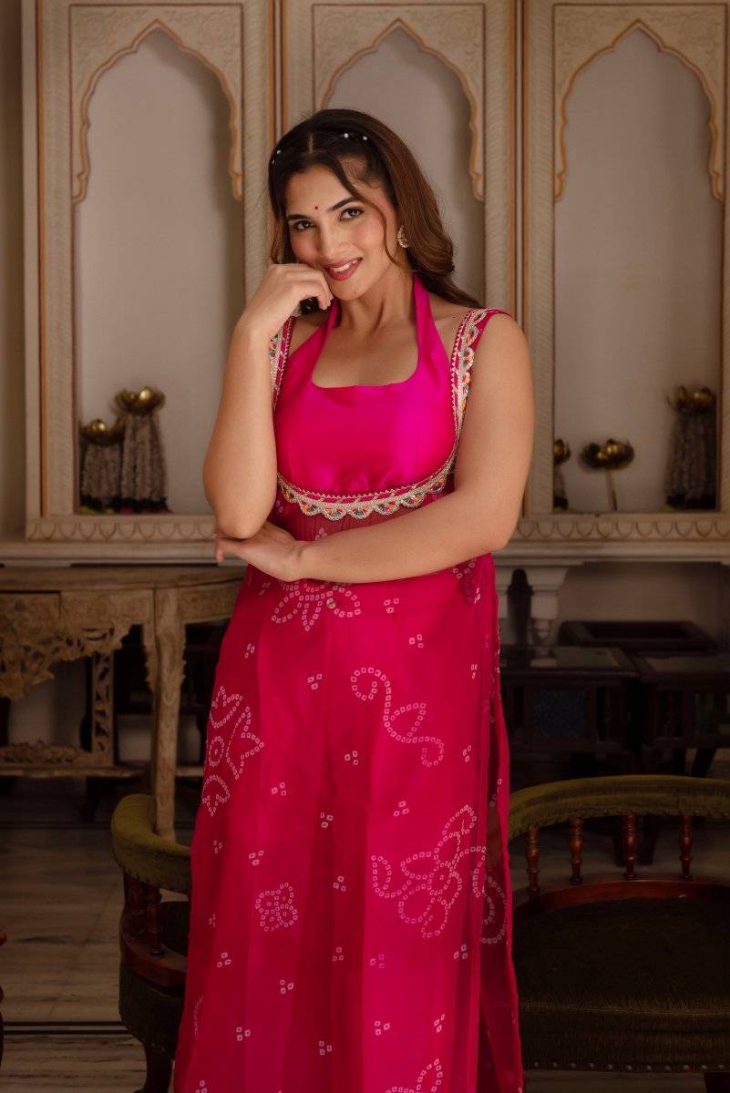 GULABI GALIYAN PINK BANDHEJ GEORGETTE KURTA WITH PINK TAFFETA PANT AND BLOUSE - Pomcha Jaipur