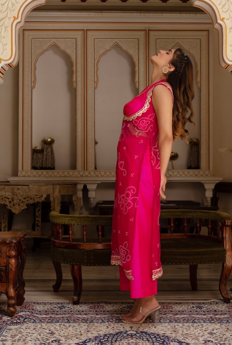 GULABI GALIYAN PINK BANDHEJ GEORGETTE KURTA WITH PINK TAFFETA PANT AND BLOUSE - Pomcha Jaipur