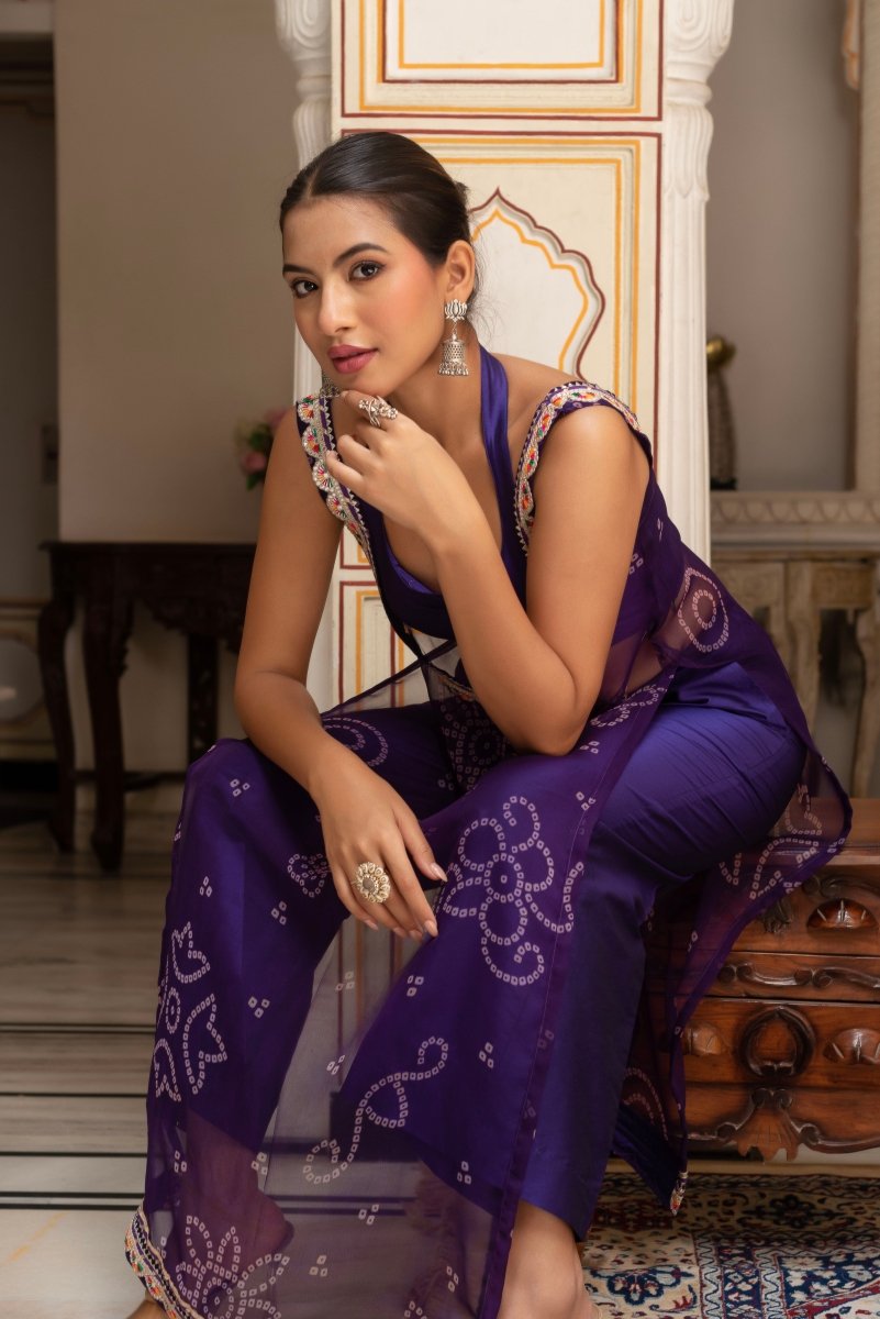 GULABI GALIYAN PURPLE BANDHEJ GEORGETTE KURTA WITH PURPLE TAFFETA PANT AND BLOUSE - Pomcha Jaipur
