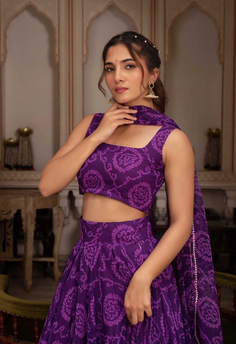 GULABI GALIYAN PURPLE BANDHEJ GEORGETTE LEHENGA SET WITH GEORGETTE DUPATTA - Pomcha Jaipur