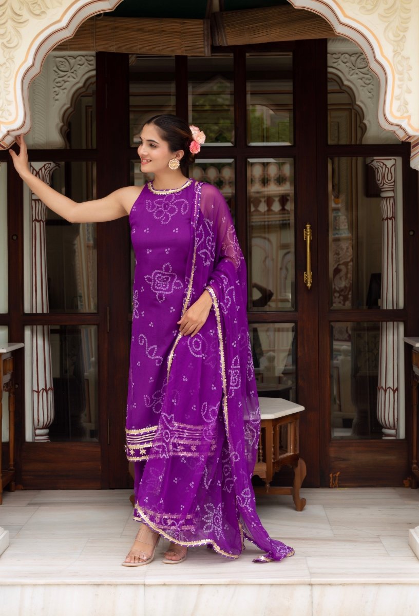 GULABI GALIYAN PURPLE GEORGETTE BANDHEJ GOTA PATTI SUIT SET WITH GEORGETTE DUPATTA - Pomcha Jaipur