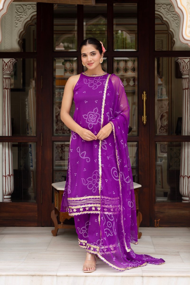 GULABI GALIYAN PURPLE GEORGETTE BANDHEJ GOTA PATTI SUIT SET WITH GEORGETTE DUPATTA - Pomcha Jaipur