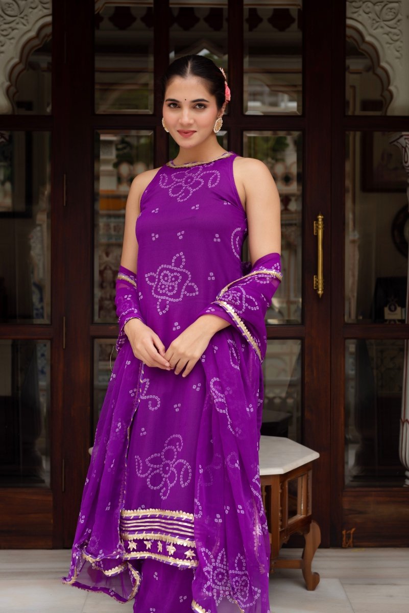 GULABI GALIYAN PURPLE GEORGETTE BANDHEJ GOTA PATTI SUIT SET WITH GEORGETTE DUPATTA - Pomcha Jaipur