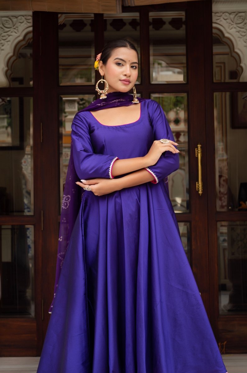 GULABI GALIYAN PURPLE TAFFETA SILK ANARKALI WITH BANDHEJ GEORGETTE DUPATTA - Pomcha Jaipur