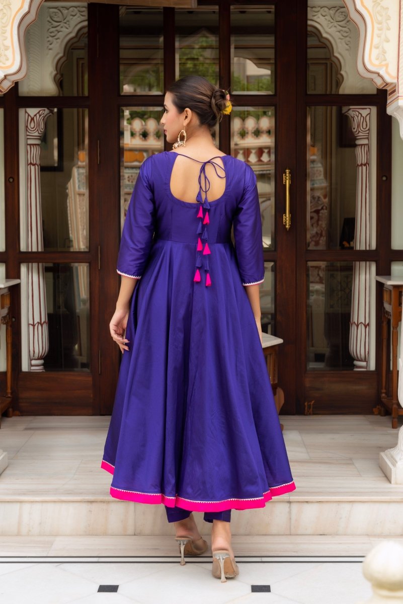 GULABI GALIYAN PURPLE TAFFETA SILK ANARKALI WITH BANDHEJ GEORGETTE DUPATTA - Pomcha Jaipur