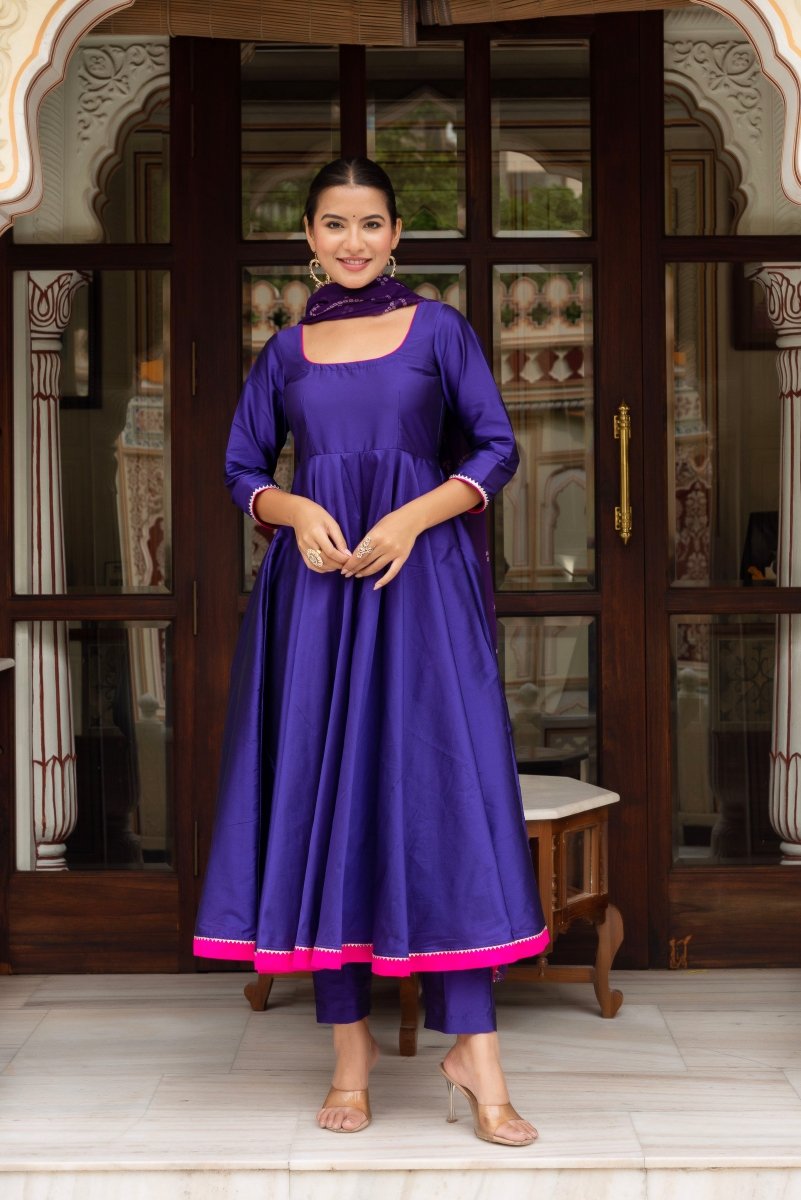 GULABI GALIYAN PURPLE TAFFETA SILK ANARKALI WITH BANDHEJ GEORGETTE DUPATTA - Pomcha Jaipur