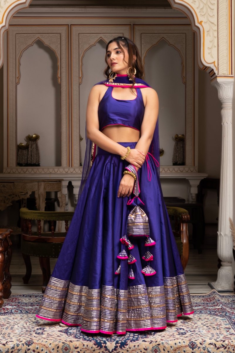 GULABI GALIYAN PURPLE TAFFETA SILK GOTA PATTI LEHENGA SET WITH SOFT NET DUPATTA - Pomcha Jaipur