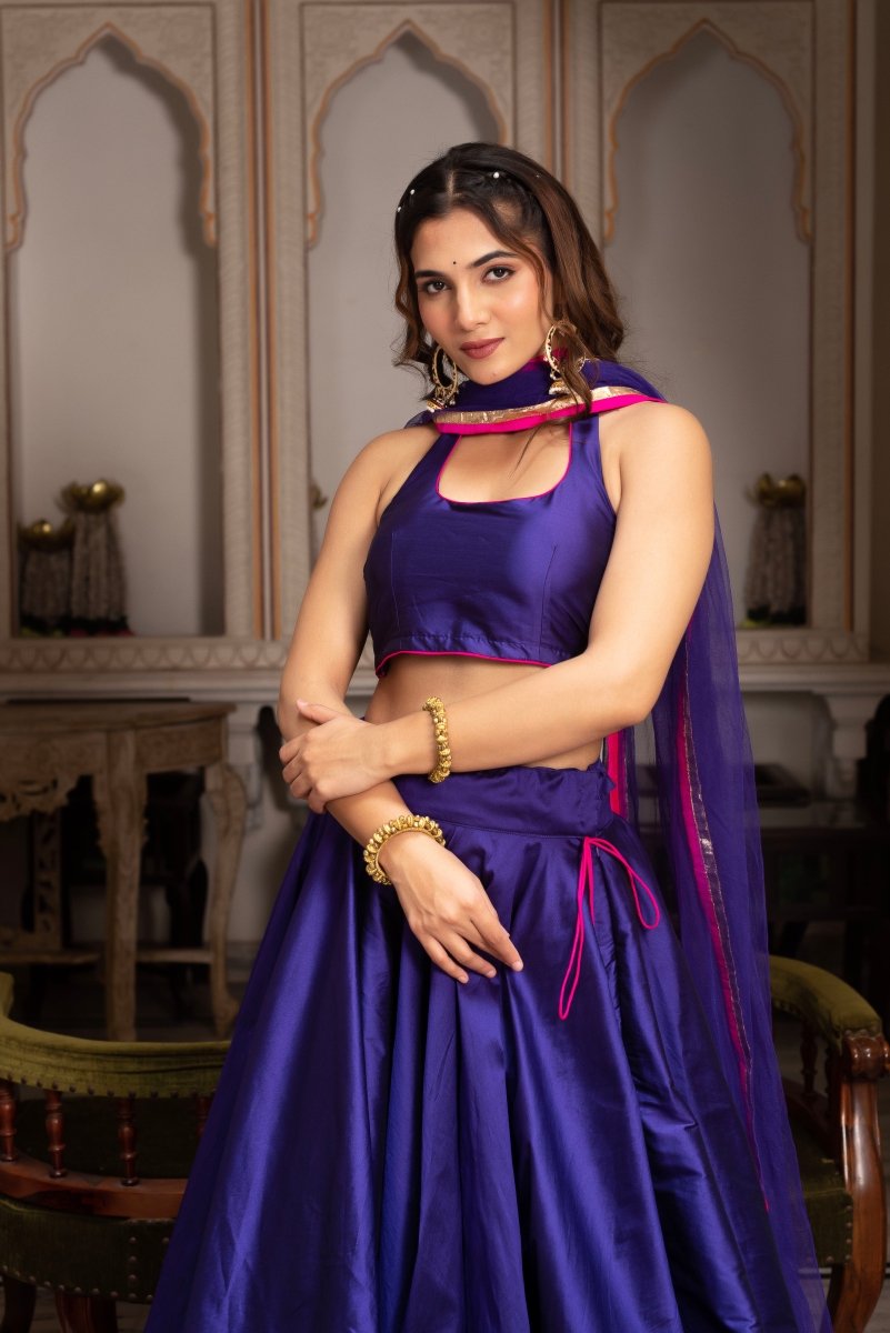 GULABI GALIYAN PURPLE TAFFETA SILK GOTA PATTI LEHENGA SET WITH SOFT NET DUPATTA - Pomcha Jaipur