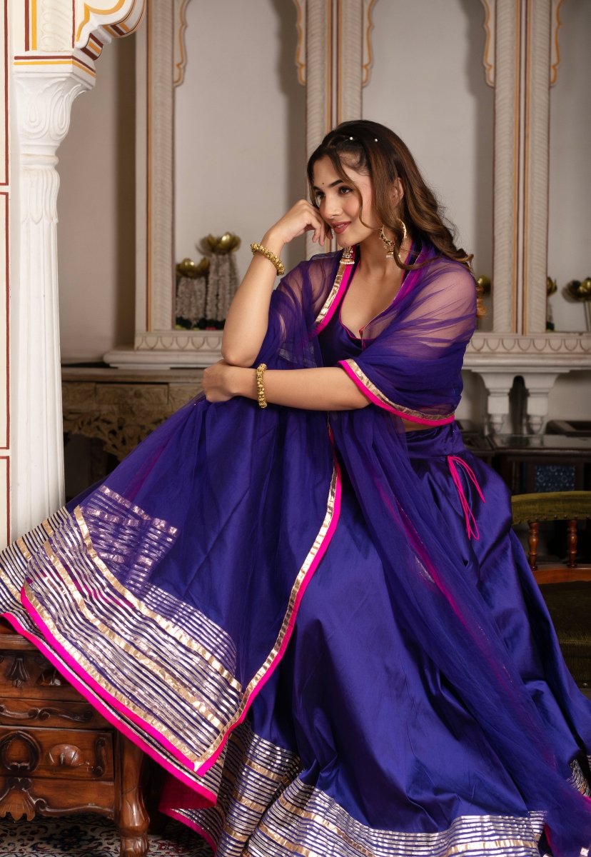 GULABI GALIYAN PURPLE TAFFETA SILK GOTA PATTI LEHENGA SET WITH SOFT NET DUPATTA - Pomcha Jaipur