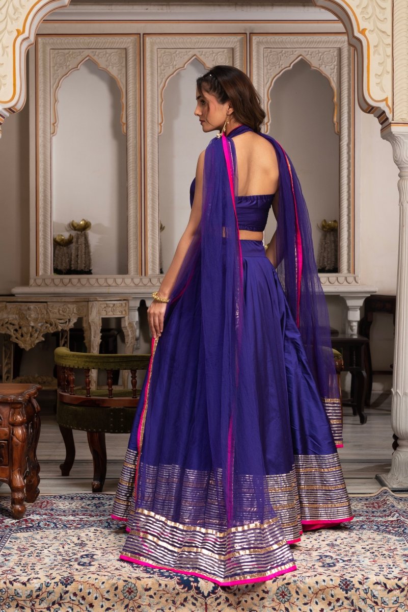 GULABI GALIYAN PURPLE TAFFETA SILK GOTA PATTI LEHENGA SET WITH SOFT NET DUPATTA - Pomcha Jaipur