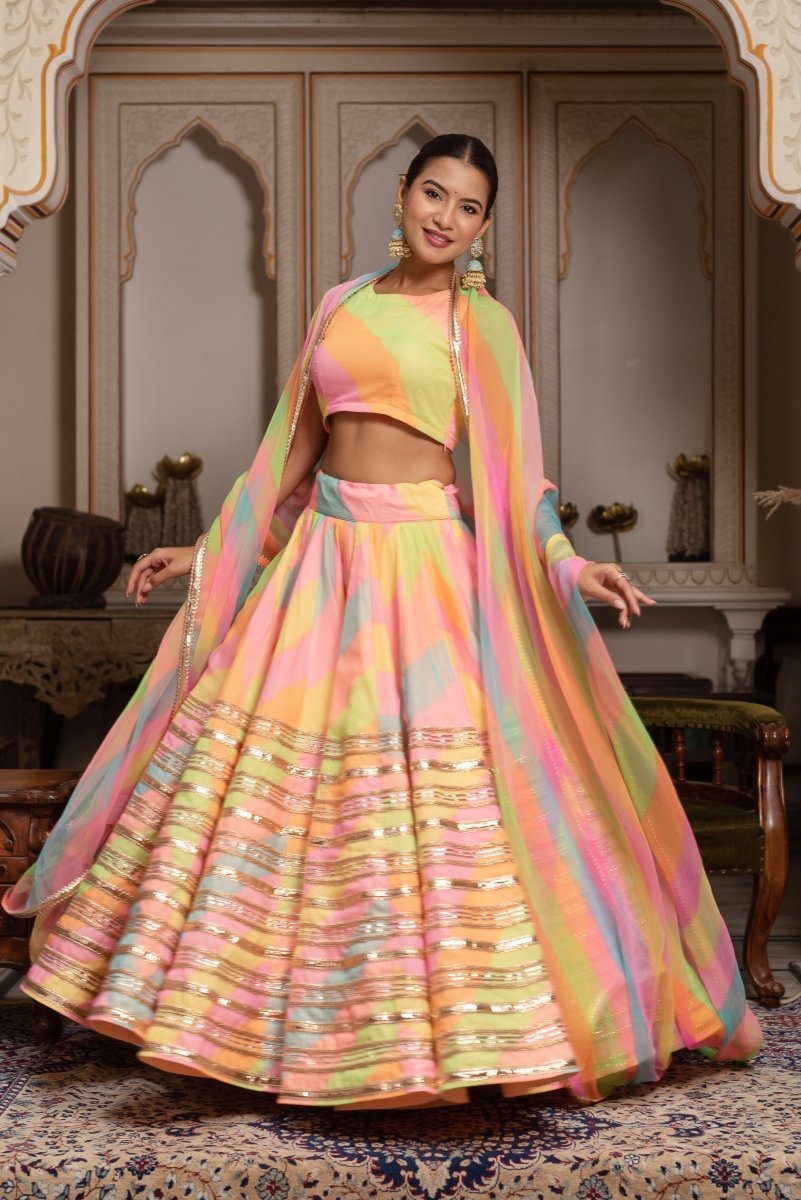 GULABI GALIYAN RADHA MULTICOLOR LEHERIYA GEORGETTE LEHENGA SET - Pomcha Jaipur