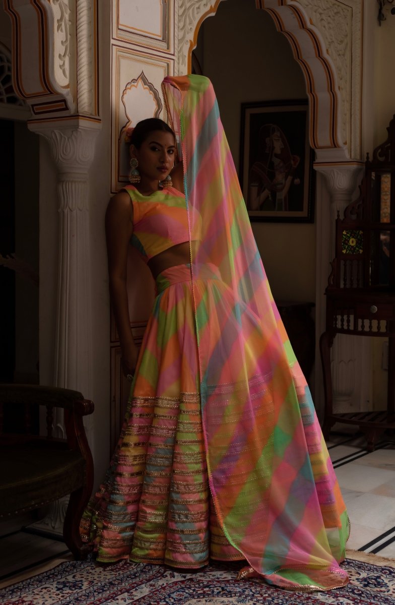 GULABI GALIYAN RADHA MULTICOLOR LEHERIYA GEORGETTE LEHENGA SET - Pomcha Jaipur