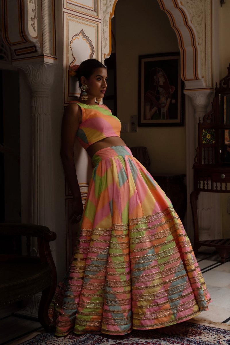 GULABI GALIYAN RADHA MULTICOLOR LEHERIYA GEORGETTE LEHENGA SET - Pomcha Jaipur