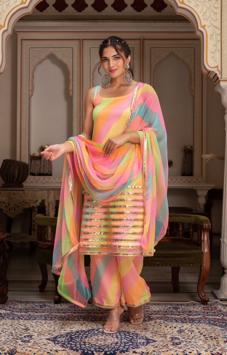 GULABI GALIYAN RADHA MULTICOLOR LEHERIYA GEORGETTE SUIT SET - Pomcha Jaipur