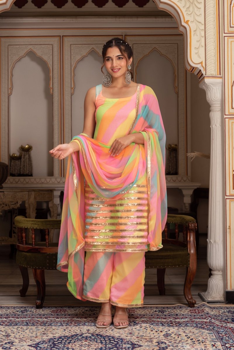 GULABI GALIYAN RADHA MULTICOLOR LEHERIYA GEORGETTE SUIT SET - Pomcha Jaipur