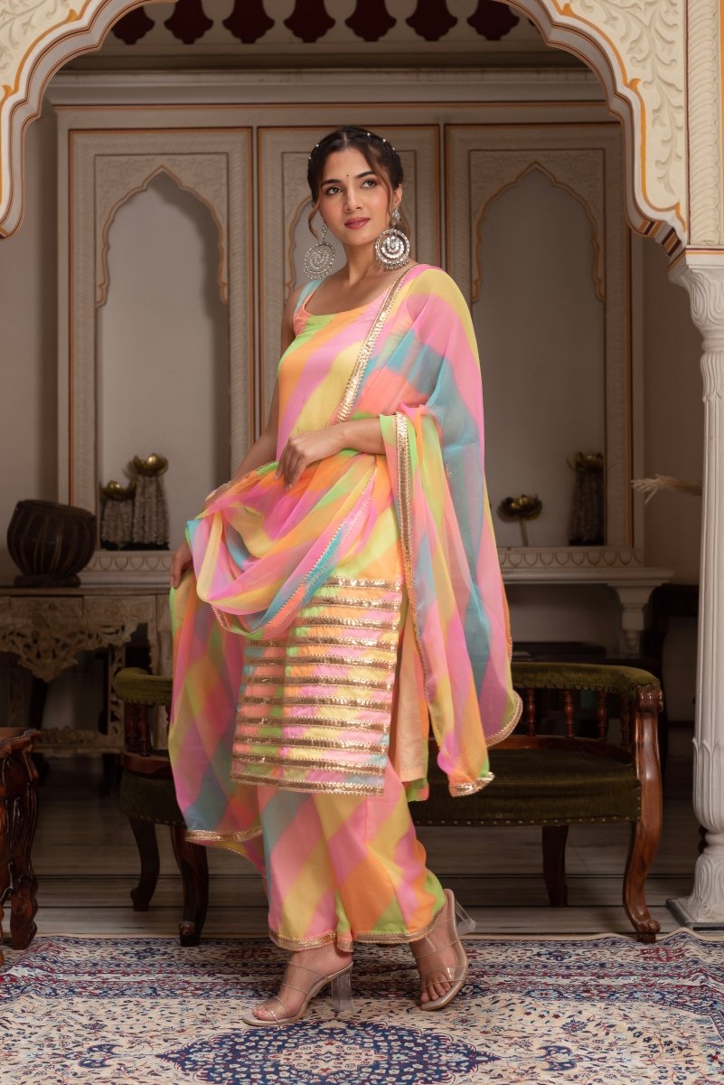 GULABI GALIYAN RADHA MULTICOLOR LEHERIYA GEORGETTE SUIT SET - Pomcha Jaipur