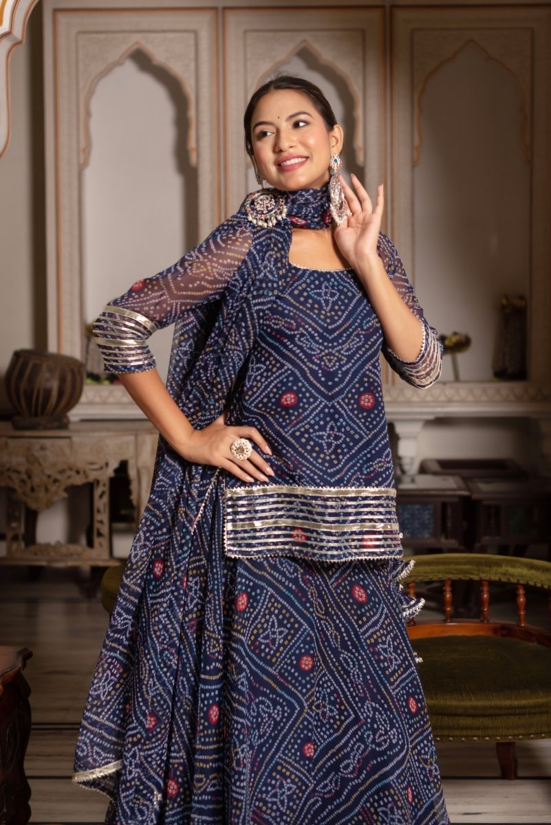 GULABI GALIYAN RAJRAANI BLUE BANDHEJ GOTA PATTI GEORGETTE SKIRT SET WITH GEORGETTE DUPATTA - Pomcha Jaipur