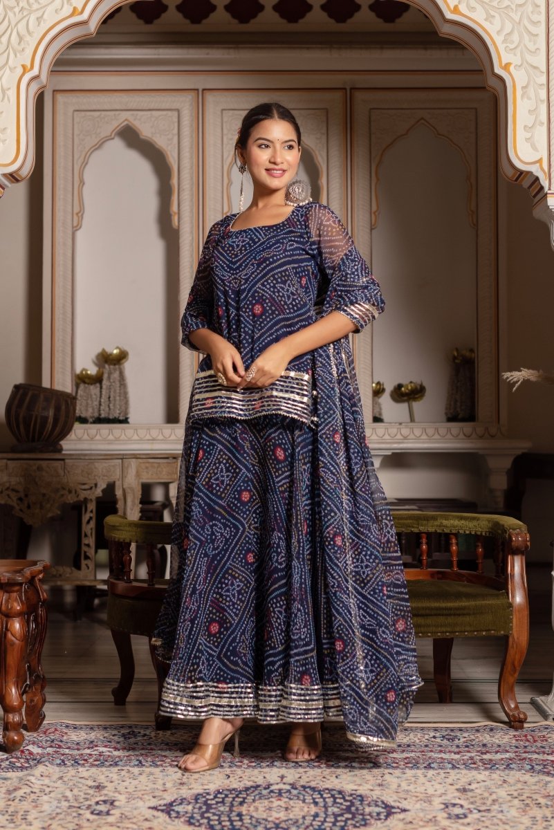GULABI GALIYAN RAJRAANI BLUE BANDHEJ GOTA PATTI GEORGETTE SKIRT SET WITH GEORGETTE DUPATTA - Pomcha Jaipur