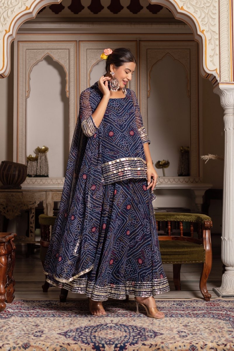 GULABI GALIYAN RAJRAANI BLUE BANDHEJ GOTA PATTI GEORGETTE SKIRT SET WITH GEORGETTE DUPATTA - Pomcha Jaipur