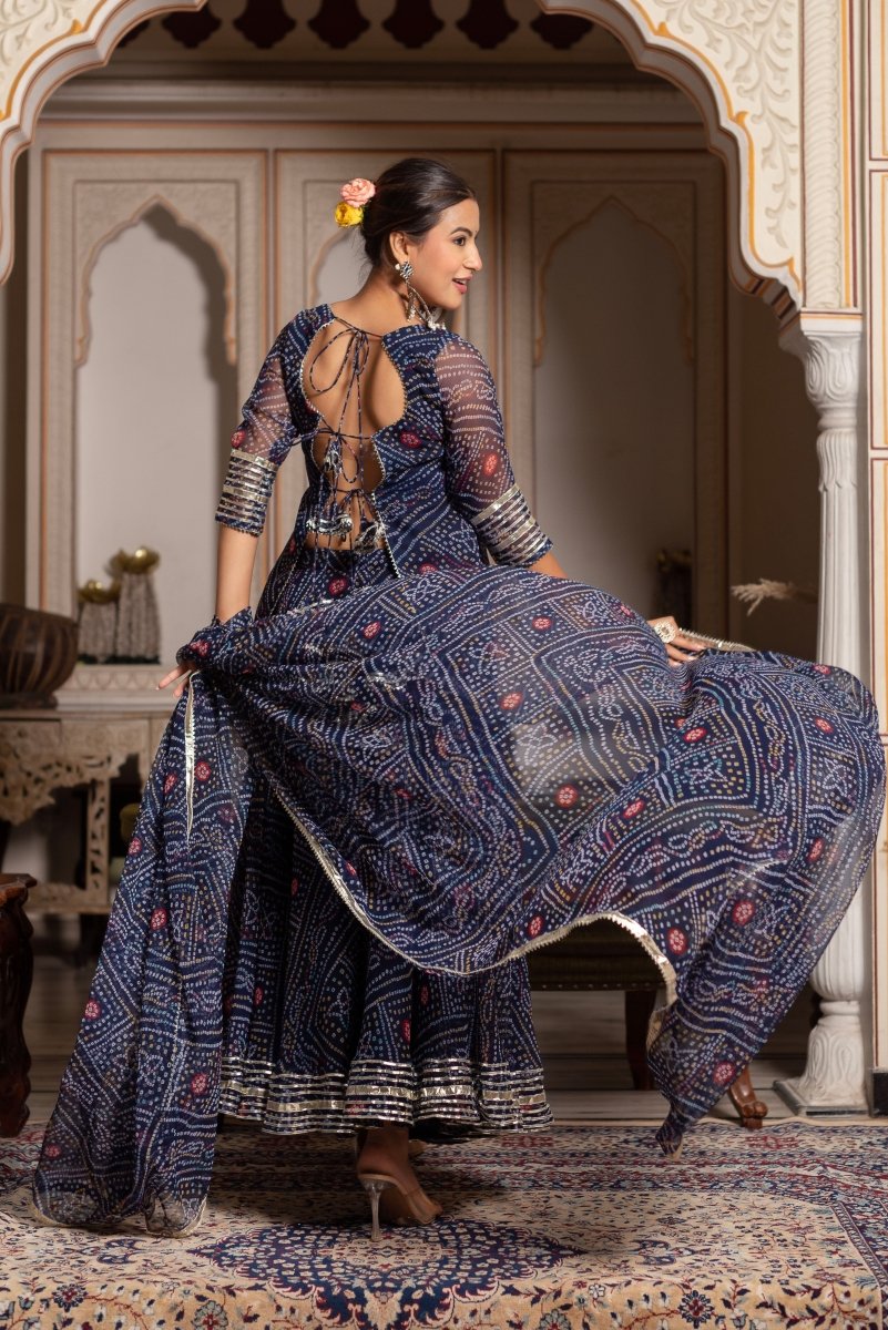 GULABI GALIYAN RAJRAANI BLUE BANDHEJ GOTA PATTI GEORGETTE SKIRT SET WITH GEORGETTE DUPATTA - Pomcha Jaipur