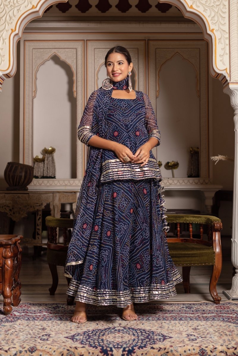 GULABI GALIYAN RAJRAANI BLUE BANDHEJ GOTA PATTI GEORGETTE SKIRT SET WITH GEORGETTE DUPATTA - Pomcha Jaipur