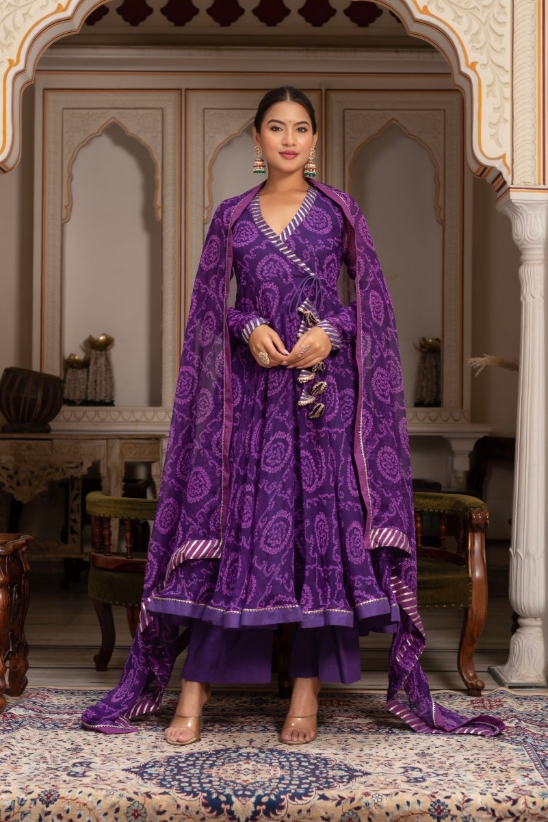 GULABI GALIYAN RANGELA PURPLE BANDHEJ GEORGETTE GOTA PATTI ANGRAKHA SET - Pomcha Jaipur