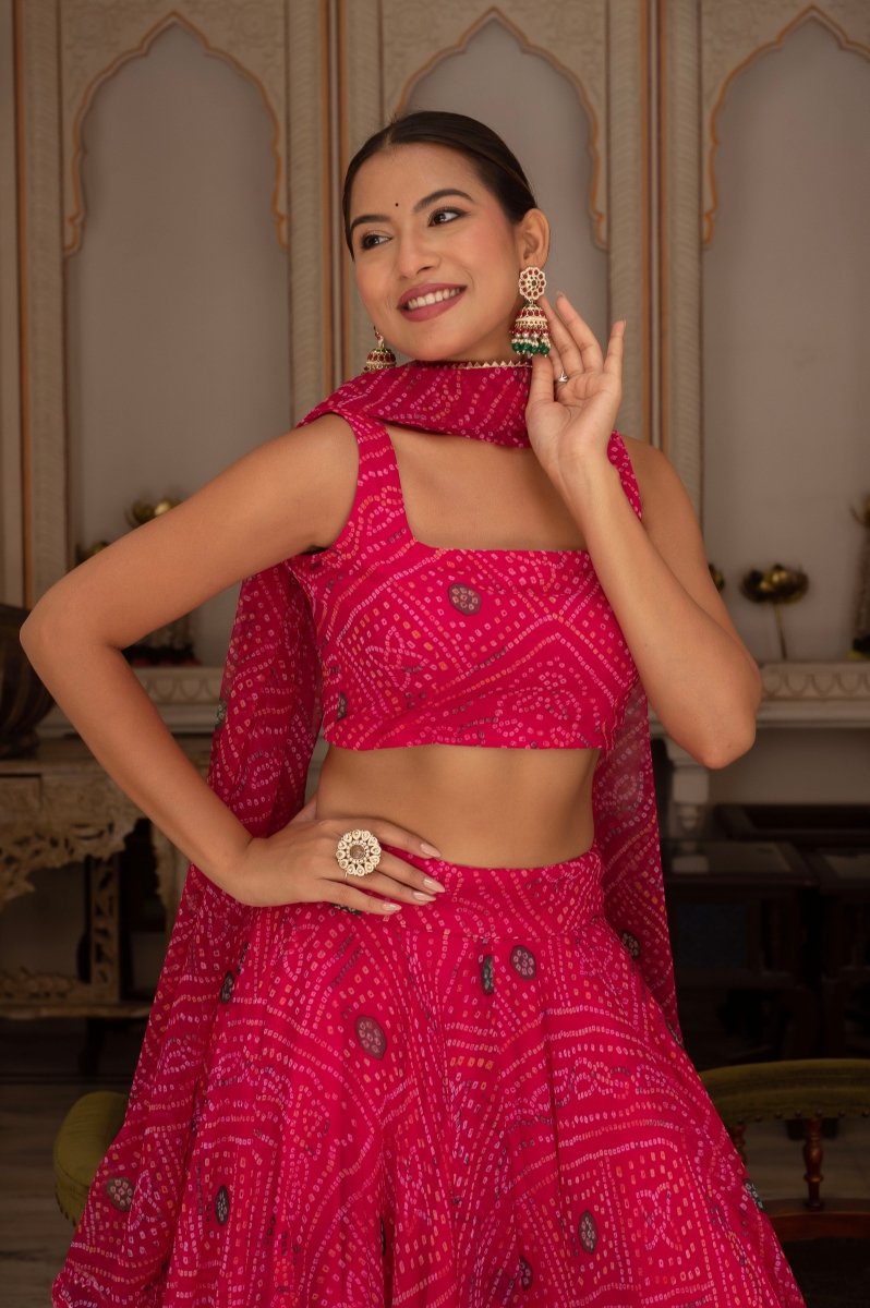 GULABI GALIYAN RANI PINK BANDHEJ GEORGETTE LEHENGA SET WITH GEORGETTE DUPATTA - Pomcha Jaipur