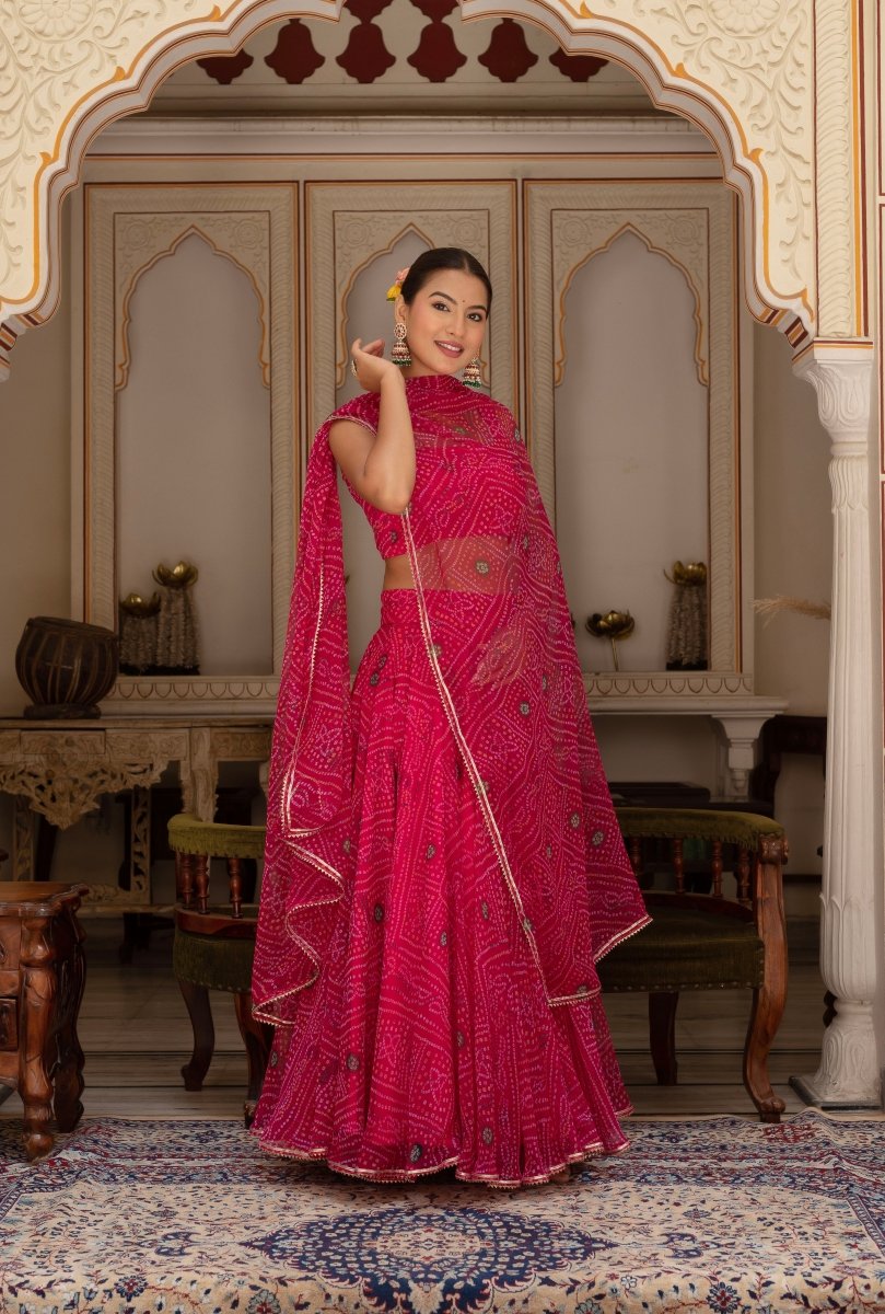 GULABI GALIYAN RANI PINK BANDHEJ GEORGETTE LEHENGA SET WITH GEORGETTE DUPATTA - Pomcha Jaipur