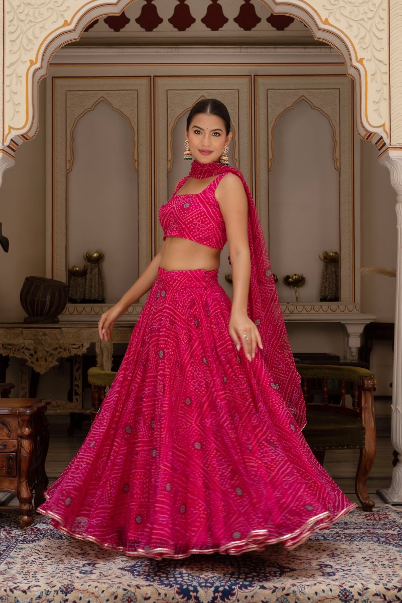 GULABI GALIYAN RANI PINK BANDHEJ GEORGETTE LEHENGA SET WITH GEORGETTE DUPATTA - Pomcha Jaipur