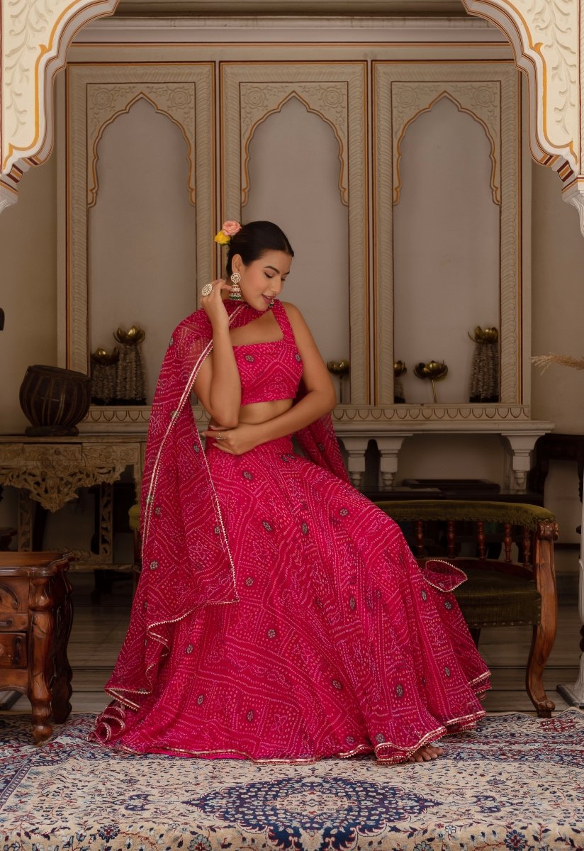 GULABI GALIYAN RANI PINK BANDHEJ GEORGETTE LEHENGA SET WITH GEORGETTE DUPATTA - Pomcha Jaipur