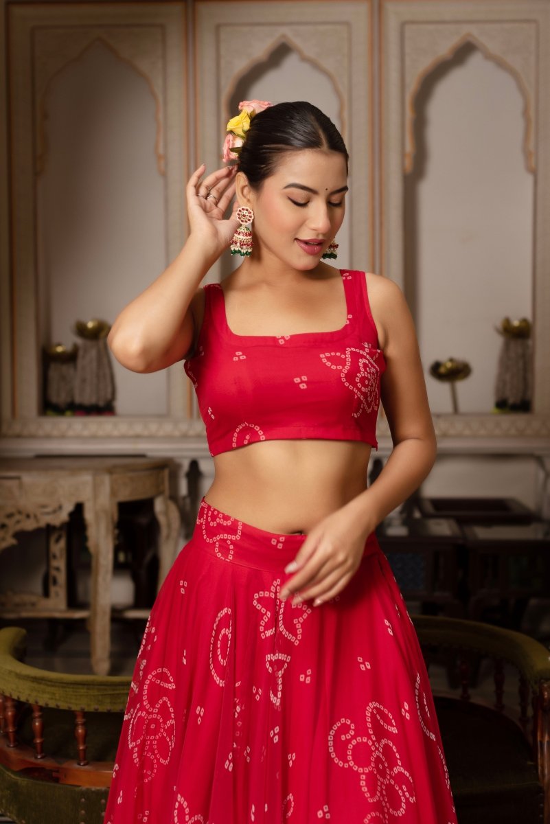 GULABI GALIYAN RED BANDHEJ GEORGETTE GOTA PATTI WORK LEHENGA SET - Pomcha Jaipur