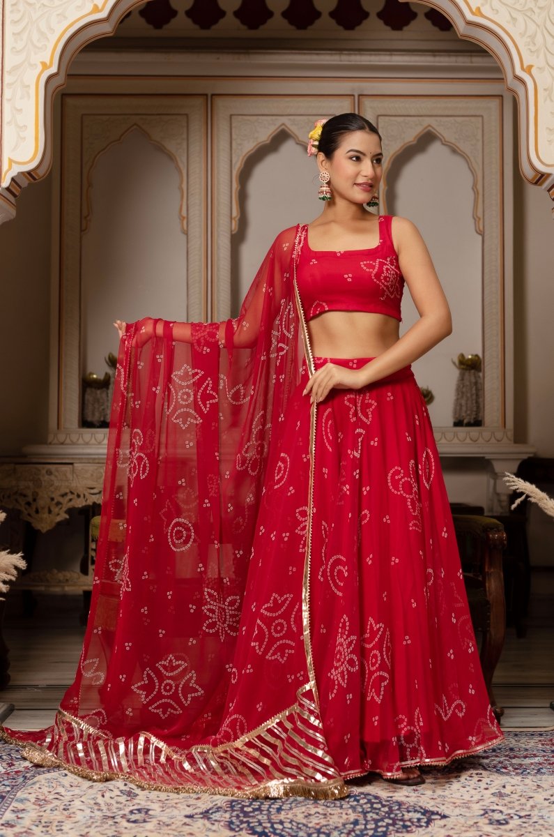 GULABI GALIYAN RED BANDHEJ GEORGETTE GOTA PATTI WORK LEHENGA SET - Pomcha Jaipur