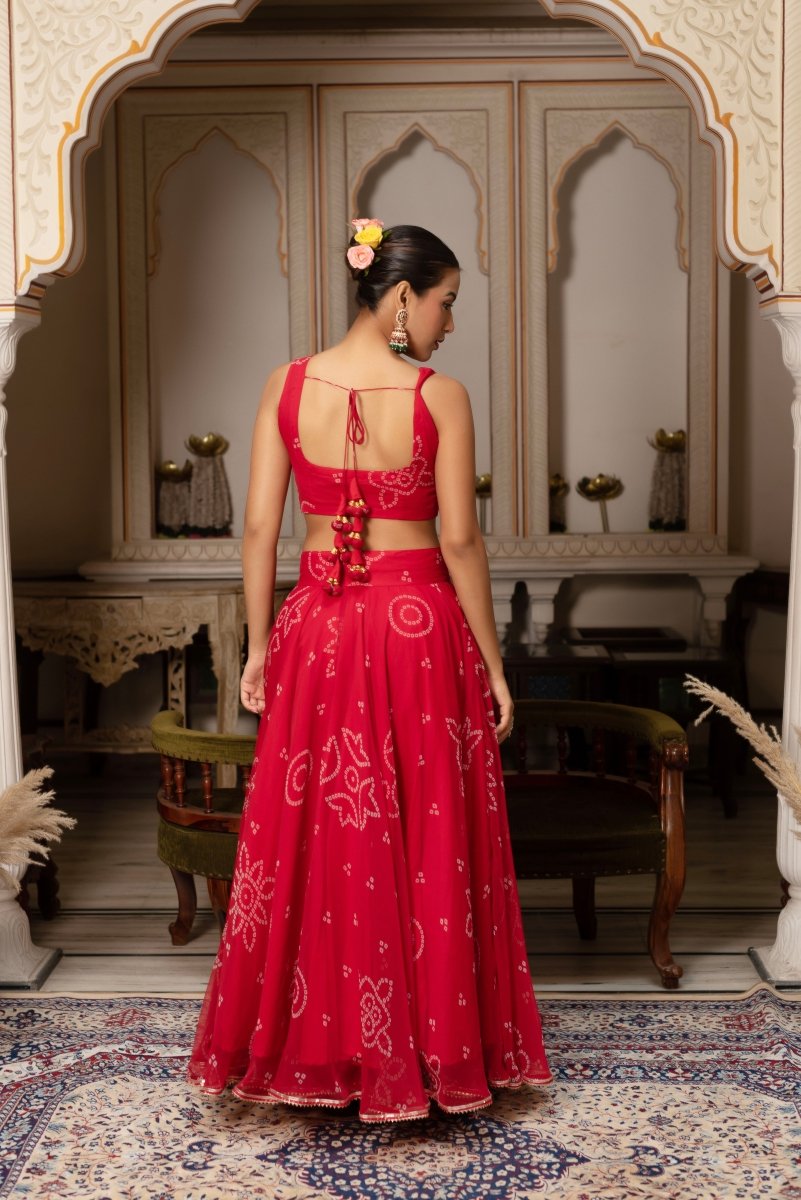 GULABI GALIYAN RED BANDHEJ GEORGETTE GOTA PATTI WORK LEHENGA SET - Pomcha Jaipur
