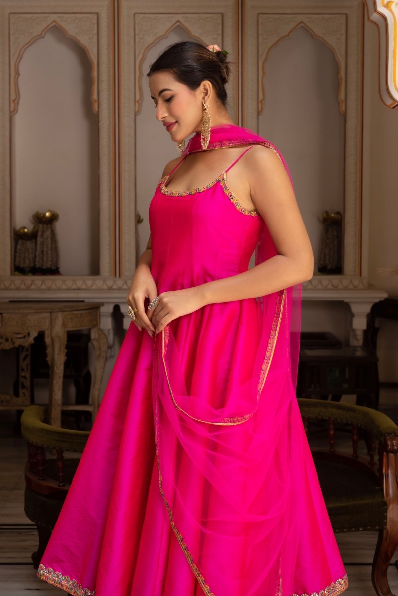 GULABI GALIYAN RIMJHIM PINK EMBROIDERY TAFFETA SILK ANARKALI SET WITH SOFT NET DUPATTA - Pomcha Jaipur