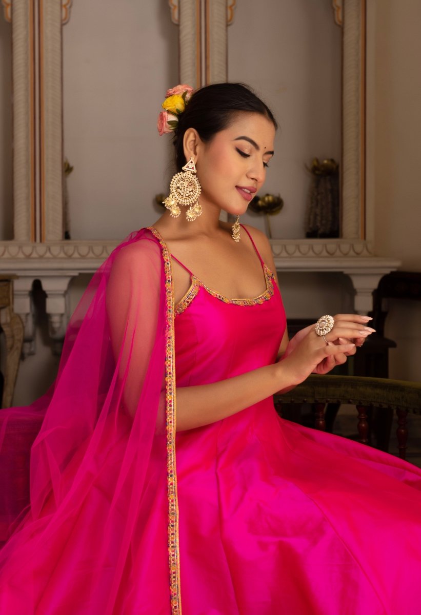 GULABI GALIYAN RIMJHIM PINK EMBROIDERY TAFFETA SILK ANARKALI SET WITH SOFT NET DUPATTA - Pomcha Jaipur