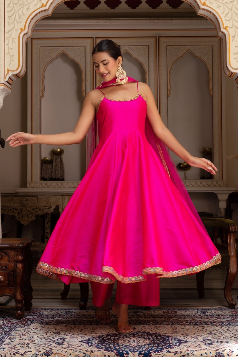 GULABI GALIYAN RIMJHIM PINK EMBROIDERY TAFFETA SILK ANARKALI SET WITH SOFT NET DUPATTA - Pomcha Jaipur