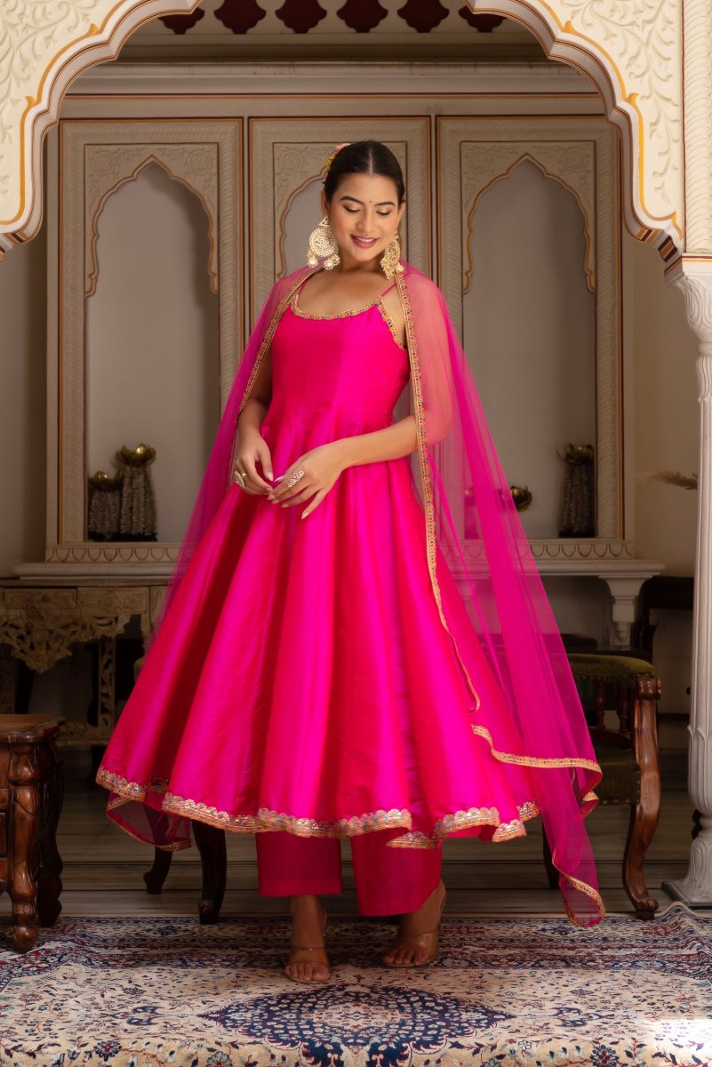 GULABI GALIYAN RIMJHIM PINK EMBROIDERY TAFFETA SILK ANARKALI SET WITH SOFT NET DUPATTA - Pomcha Jaipur