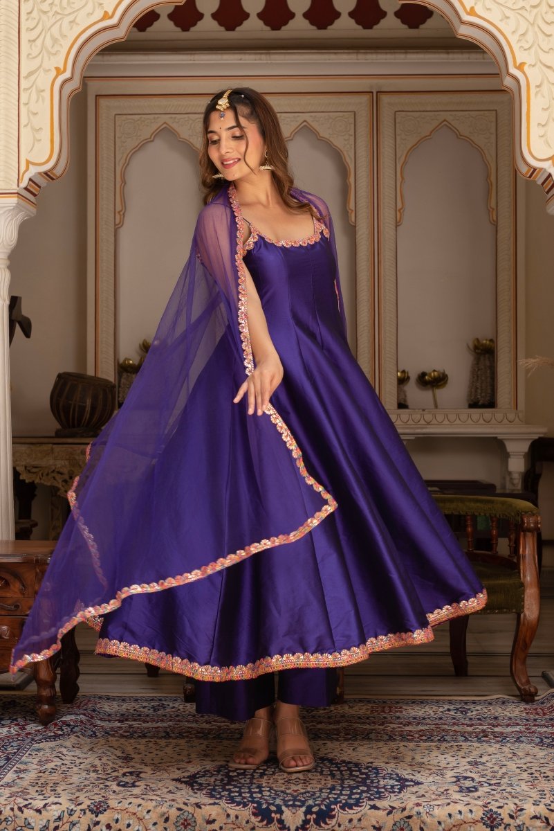 GULABI GALIYAN RIMJHIM PURPLE EMBROIDERY TAFFETA SILK ANARKALI SET WITH SOFT NET DUPATTA - Pomcha Jaipur