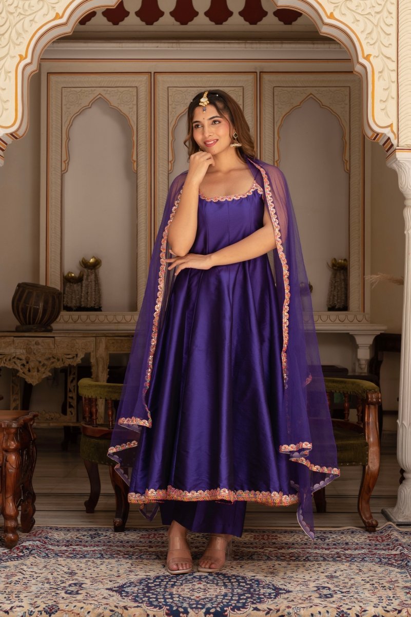 GULABI GALIYAN RIMJHIM PURPLE EMBROIDERY TAFFETA SILK ANARKALI SET WITH SOFT NET DUPATTA - Pomcha Jaipur