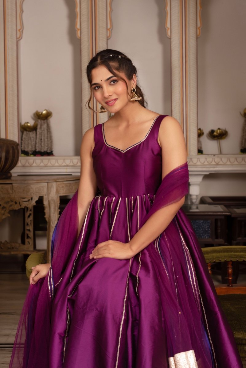 GULABI GALIYAN SEERAT PLUM TAFFETA GOTA PATTI ANARKALI SET WITH SOFT NET DUPATTA - Pomcha Jaipur