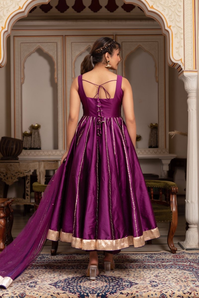 GULABI GALIYAN SEERAT PLUM TAFFETA GOTA PATTI ANARKALI SET WITH SOFT NET DUPATTA - Pomcha Jaipur