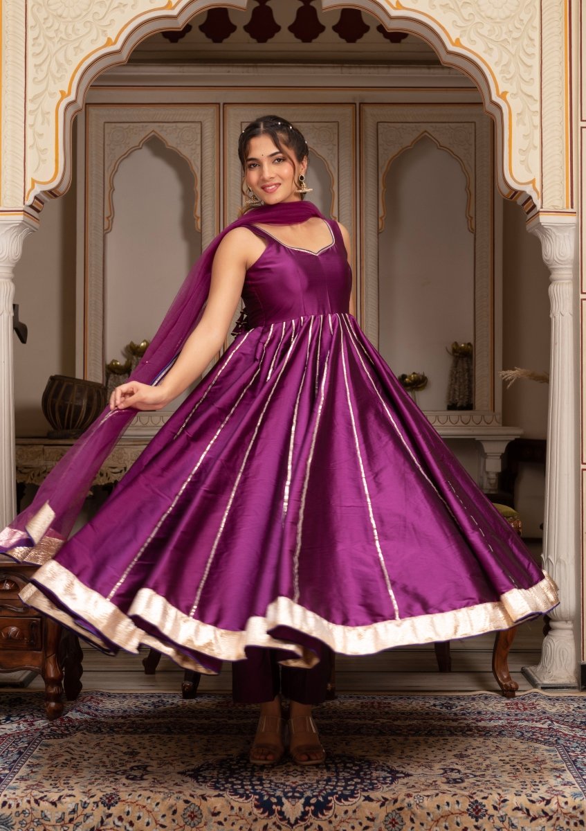 GULABI GALIYAN SEERAT PLUM TAFFETA GOTA PATTI ANARKALI SET WITH SOFT NET DUPATTA - Pomcha Jaipur