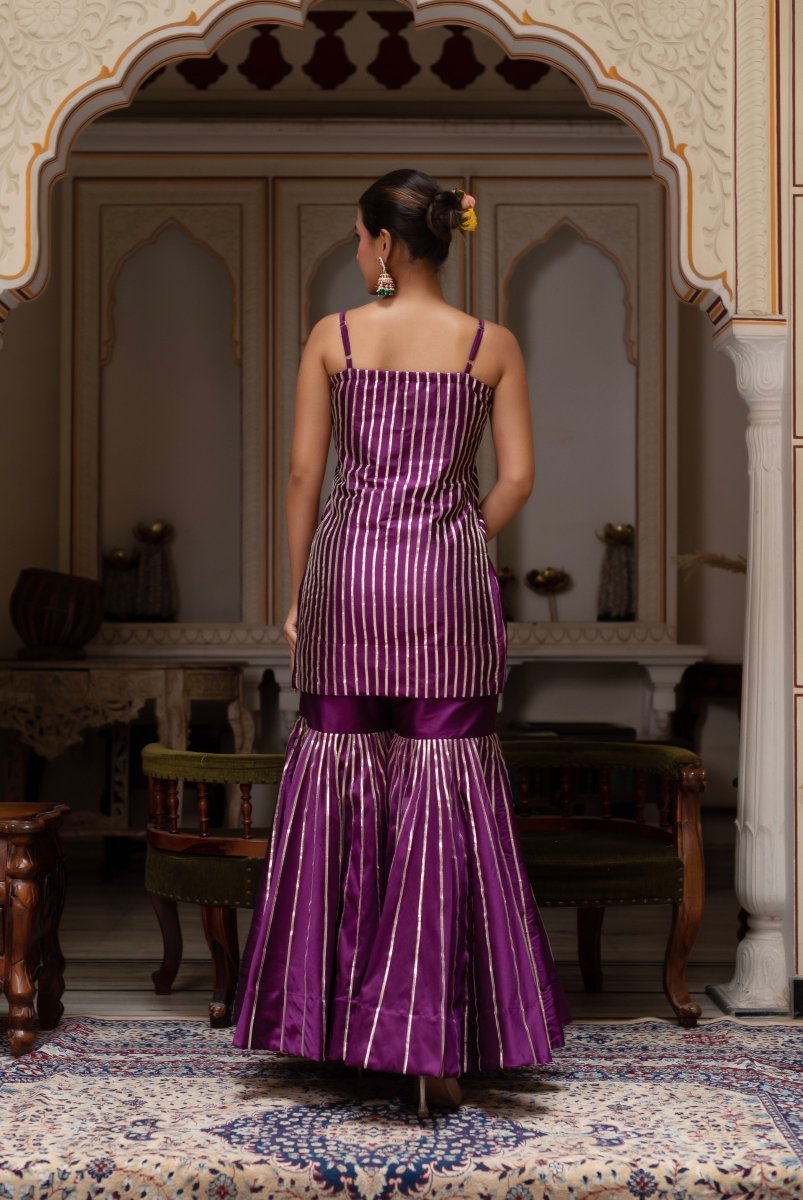 GULABI GALIYAN SEERAT PLUM TAFFETA SILK GOTA PATTI SHARARA SET WITH SOFT NET DUPATTA - Pomcha Jaipur