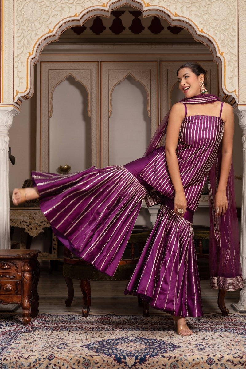 GULABI GALIYAN SEERAT PLUM TAFFETA SILK GOTA PATTI SHARARA SET WITH SOFT NET DUPATTA - Pomcha Jaipur